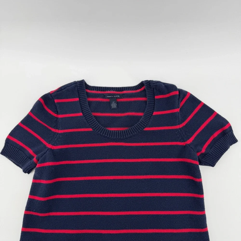 Tommy‎ Hilfiger Women Navy Blue Red Striped Short Sleeve Sweater Top Size SP